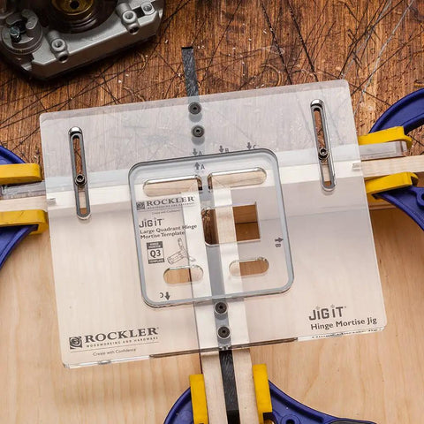 Straight Up Precision Large Quadrant Hinge Mortise Template Router Jig For Door Mortising Smooth Acrylic Guide on workbench