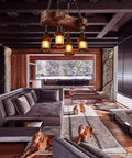 Living room with Industrial Vintage Wooden Pendant Light With Glass Lanterns, 4 Light Loft Chandelier in rustic setting