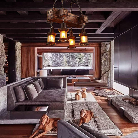 Living room with Industrial Vintage Wooden Pendant Light With Glass Lanterns, 4 Light Loft Chandelier in rustic setting