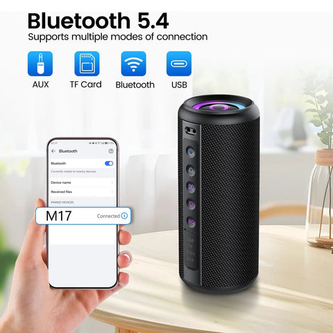 Bluetooth 5.4 portable Bluetooth speaker with 20W HD stereo sound, TWS pairing, 20-hour playtime, RGB lights and IP7 waterproofing.