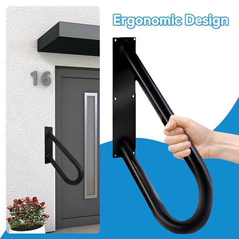 Solid Hold Wall Mount Handrail For Outdoor Steps With Non Slip Grip Safety Railing Takes Four Hundred Pounds close-up of black ergonomic design with hand grip on entryway.