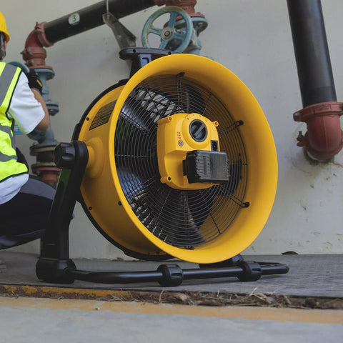 Beefy Industrial High Velocity Floor Fan With AC DC Dual Power, 18 Inch Barrel, 270 Degree Tilt, 3 Speeds, in workshop setting