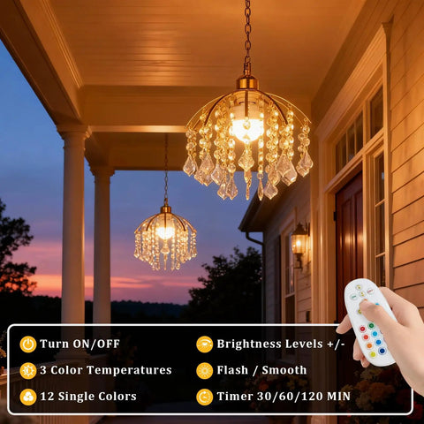 Total Game Changer Two Piece Crystal Chandelier Set Battery Powered With Zero Hassle Setup Remote Control Dimmable Rgb Pendant Lights For Living Rooms Or Covered Patios Smooth Vibes Lasting Sixty Hours hanging on porch at sunset.