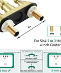 Brushed Gold Bathroom Faucet With 4 Inch Centerset Two Hole Design showing sink installation guide and dimensions.