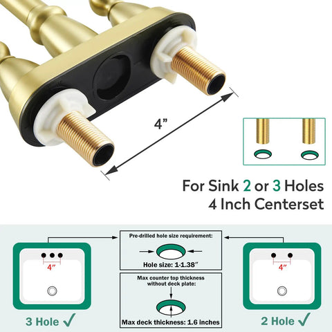 Brushed Gold Bathroom Faucet With 4 Inch Centerset Two Hole Design showing sink installation guide and dimensions.