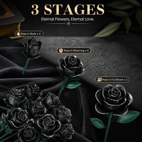 Gothic Dope Matte Black Rose DIY Building Kit With 634 Pieces For A Realistic 12 Rose Bouquet Showing Full Half Bloom And Bud Stages, Ideal Home Office Decor Gift For Adults And Kids Ages 6 Plus.