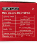 Red box packaging of Enforcer Mini No Cut Electric Door Strike Fail Secure For Cylindrical Locks with specifications shown