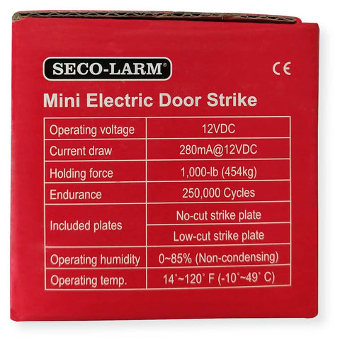 Red box packaging of Enforcer Mini No Cut Electric Door Strike Fail Secure For Cylindrical Locks with specifications shown