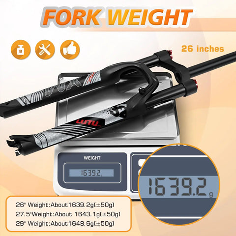 Air MTB Suspension Fork With Rebound Adjustment For 26 27.5 29 Wheels, 120mm Travel, Straight 28.6mm Tube, showing weight on scale.