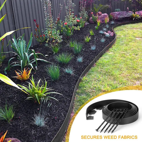 2 Inch Tall Landscape Edging Kit With 20 Ft Coil And 20 Spikes For Lawn Garden Borders Durable Black Plastic Edging in use