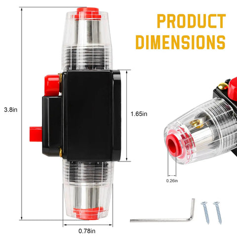 Heavy Duty 60A Manual Reset Inline Fuse Packing Knockout Overload Protection For Car Audio Stereo Solar Inverters And Rvs dimensions 3.8in x 1.65in x 0.78in.