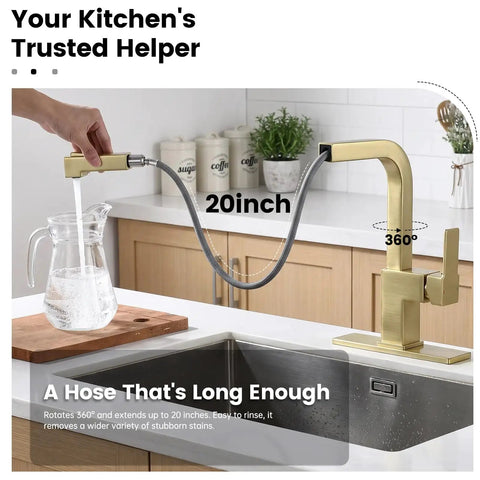 APPASO Gold Kitchen Faucet with Pull Down Kitchen Faucets showing 20-inch hose and 360-degree rotation in a modern kitchen.