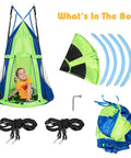 Two In One Kids Detachable Hanging Chair Swing Tent Set For Outdoor And Indoor Play, parts layout including chair, tent, and ropes
