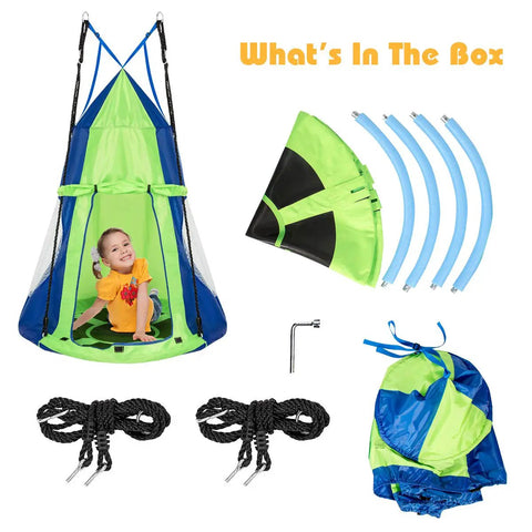 Two In One Kids Detachable Hanging Chair Swing Tent Set For Outdoor And Indoor Play, parts layout including chair, tent, and ropes