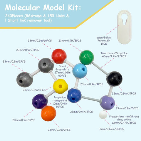Must Have 240 Piece Molecular Model Kit For Chemistry Class showing colorful atoms, bonds, and short link remover tool