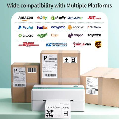 Bluetooth Thermal Shipping Label Printer For 4x6 Labels, Wireless Label Maker For Packages, Compatible With Windows Mac Android iPhone on a desk with shipping boxes and platform logos in the background.