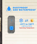 Expandable Wireless Doorbell Kit With 1300ft Range showing waterproof outdoor button on wall in rain, -22°F to 158°F text visible