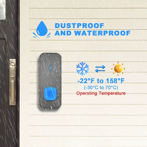 Expandable Wireless Doorbell Kit With 1300ft Range showing waterproof outdoor button on wall in rain, -22°F to 158°F text visible