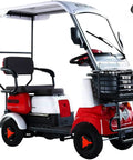 Roll Through Your Day With This Two Seater Electric Golf Cart Kicking Serious Power From Its 800W Motor And 60V Battery As It Cruises 13 Mph With Bluetooth Stereo Adjustable Seats Utility Basket And Safety Bars Built For Golf Course Park Or Block Drives - Side view of electric golf cart with black seats and utility basket.