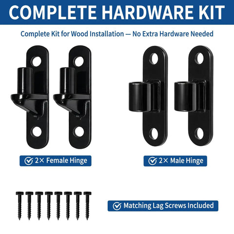 Heavy Duty Gate Hinges 2 Pack 304 Stainless Steel With Painted Coating Rock Solid Rust Resistant Outdoor Hardware Tough As Nails 5/8 Inch Pin Screws Included For Fence Gate Setup, complete hardware kit with 2 male and 2 female hinges.