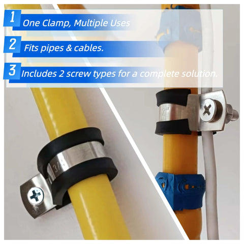HOLADAWN 60-piece 304 stainless steel cable clamps kit with rubber cushions for pipes and hoses, five sizes 1/4–1 in