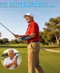 Elderly man in red shirt wearing Golf Wrist Brace And Arm Band Training Kit Two In One Pro Swing Trainer on golf course.