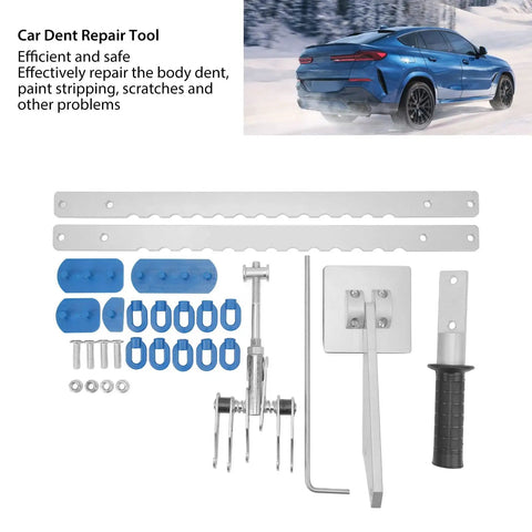 Paintless Dent Repair Kit For Cars, Pro Grade Auto Dent Puller With 23 Piece Aluminum Tool Set, shown laid out on white background.