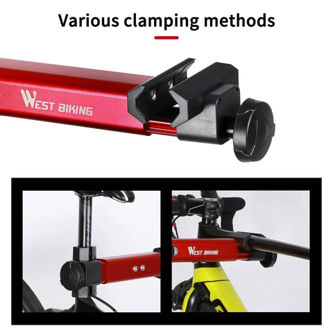 Close-up of Bike Repair Stand With 360 Degree Swivel Clamp Adjustable Foldable Work Stand Lightweight Aluminum Floor Station 85 Lbs Max Capacity Tripod Base Quick Release Perfect For DIY Home Mechanics clamping methods.