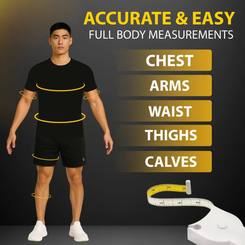 Man with 80 Inch Automatic Telescopic Body Measuring Tape With Dual Color Yellow Side For Easy Circumference Readings displayed
