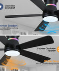 Dope 46 Inch Black Ceiling Fan With LED Lights And RGB Color Changing showing airflow directions for summer and winter