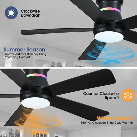 Dope 46 Inch Black Ceiling Fan With LED Lights And RGB Color Changing showing airflow directions for summer and winter