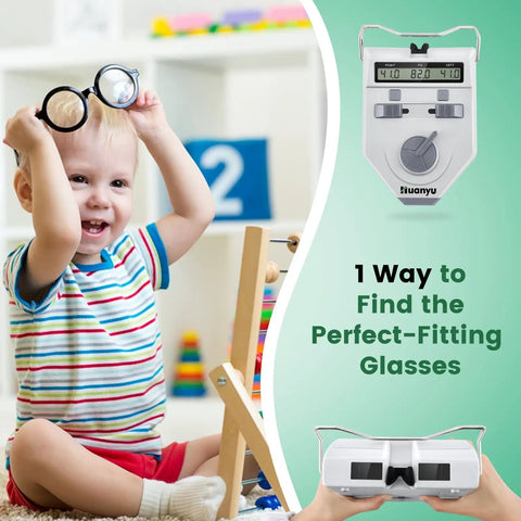 Pro Grade Digital PD Meter For Pupillary Distance 45 To 82mm Handheld Pupilometer With Precision Sensor next to child playing with glasses
