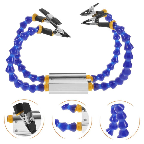 Four Arm Helping Hand Soldering Station Tool Holder with base for PCB repair and electronics welding, durable blue flexible arms.