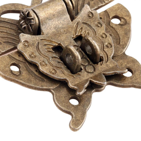 Close-up of Antique Bronze Butterfly Hasp Latch 59x53mm Lock For Jewelry Box Cabinet And Vintage Furniture Hardware