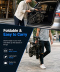 Foldable 1200W Electric Bike With Dual Suspension, 25 MPH Top Speed, 45 Mile Pedal Assist Range, 14 Inch Tires, 3 Speed Modes, Commuter Ebike For Adults And Teens, Dope City Cruiser For Everyday Rides folded into SUV trunk