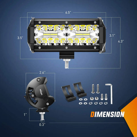 Diagram of Two Pack 6.5 Inch 120W LED Spot And Flood Combo Driving Lights with dimensions and mounting hardware.