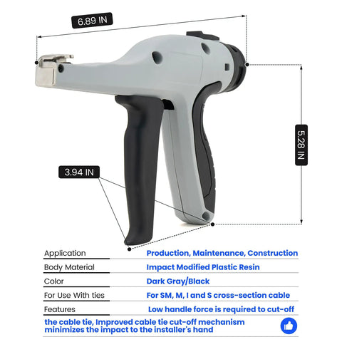 Ergonomic Cable Tie Gun For Heavy Duty Zip Ties Featuring Adjustable Tension Control, shown from side with measurements.