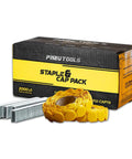 Pro Level One Inch Pneumatic Staples And Plastic Caps 2000 Count Pack Jam Free Micro Shear Tech For Roofing Felt House Wrap Foam Board Attachment with yellow caps and steel staples.