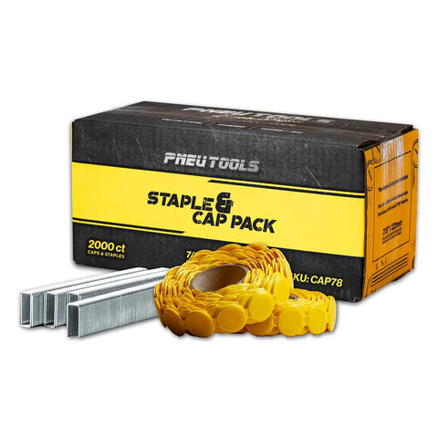 Pro Level One Inch Pneumatic Staples And Plastic Caps 2000 Count Pack Jam Free Micro Shear Tech For Roofing Felt House Wrap Foam Board Attachment with yellow caps and steel staples.