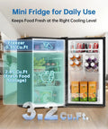 Front view of Frostorm 3.2 cu ft black mini fridge with freezer, showing separate compartments.