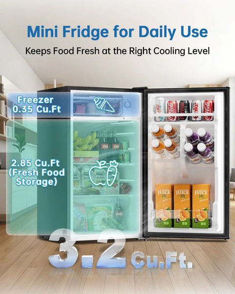 Front view of Frostorm 3.2 cu ft black mini fridge with freezer, showing separate compartments.