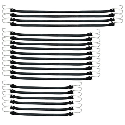 20 Pack Natural Rubber Tarp Bungee Straps with S Hooks, 100 Percent EPDM Tie Down Cords, Heavy Duty All Weather displayed flat
