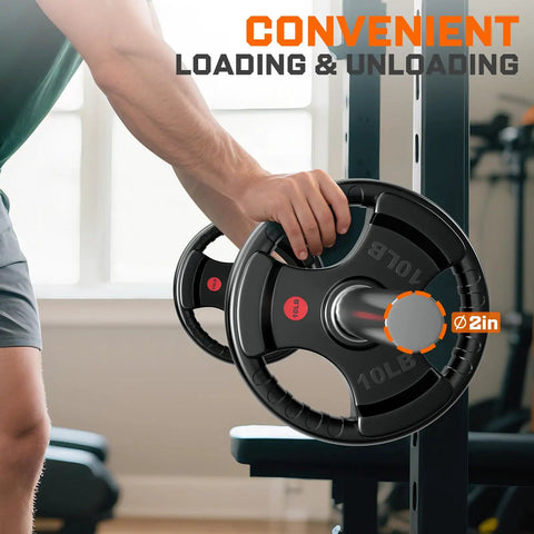 Heavy Duty 2 Inch Olympic Rubber Weight Plates For Barbell Strength Training And Weightlifting Solid Cast Iron Core With Floor Protecting Design Perfect Home Gym Bulk Up Set Pair 25 Lbs Each Built Tough For Your Daily Grind during convenient loading.