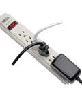 Must Have Surge Protector Power Strip With Six Outlets, Eight Foot Cord, 990 Joule Rating, Flat Plug, 120V Gray with plugged devices