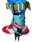Close-up of Two Pack Tree Climbing Gear Kit with pro-grade stainless steel spikes and non-slip pedals on shoe.