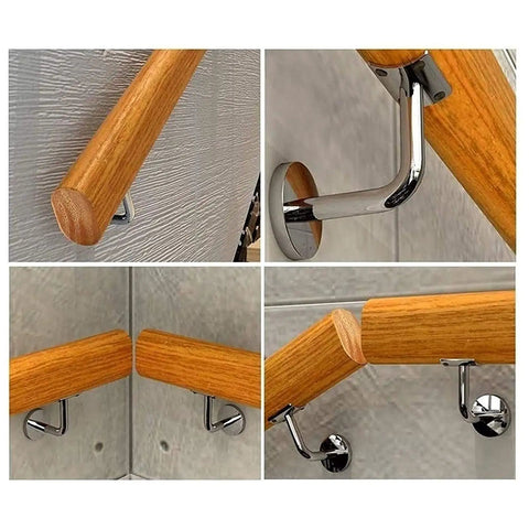 Solid Wood Handrail Kit For Stairs With Non Slip Finish And Heavy Duty Metal Brackets, showing installation angles and secure mounts.