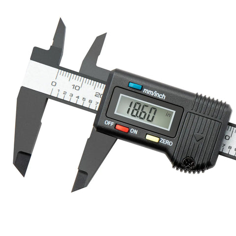 Close-up of Compact Digital Caliper 0 To 4 Inch With Inch Millimeter Conversion And Auto Off showing 18.60 inches on display.