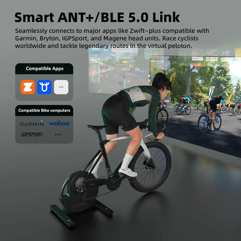 Smart Indoor Bike Trainer With 2200W Brushless Motor 19 Percent Gradient Simulator used with Zwift app on screen