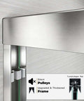 Close-up of brushed nickel frame with silent pulleys on Double Sliding Shower Door In Brushed Nickel Finish For 56 To 60 Inch Openings, 57 Inch Height Semi Frameless Barn Style Bypass Tub Glass Door With Anti Leak Design, Quarter Inch Clear Tempered Glass.