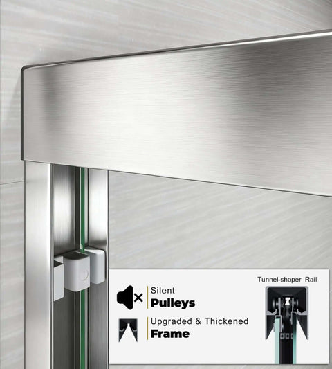 Close-up of brushed nickel frame with silent pulleys on Double Sliding Shower Door In Brushed Nickel Finish For 56 To 60 Inch Openings, 57 Inch Height Semi Frameless Barn Style Bypass Tub Glass Door With Anti Leak Design, Quarter Inch Clear Tempered Glass.